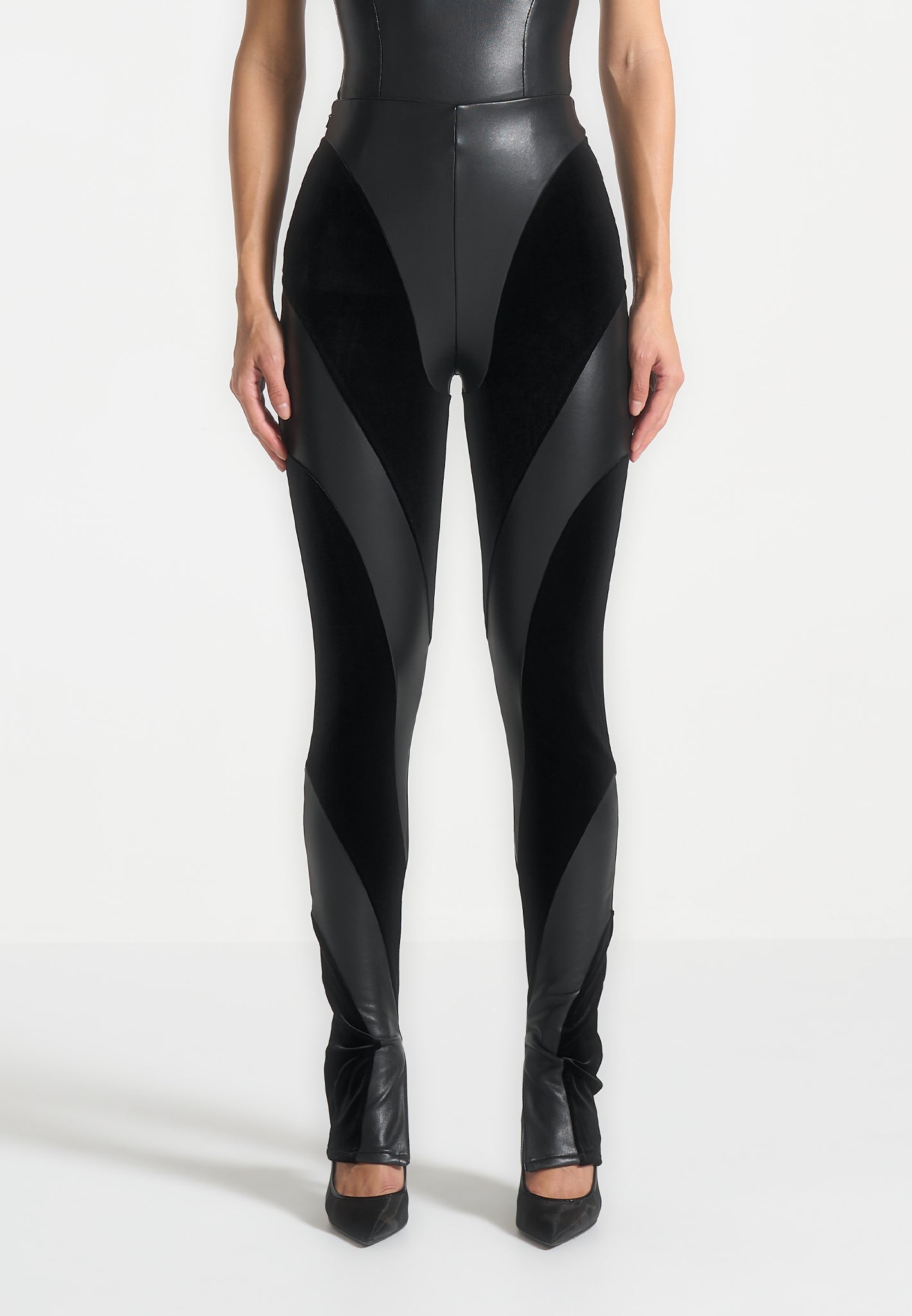 Leather and Velour Contour Leggings - Black