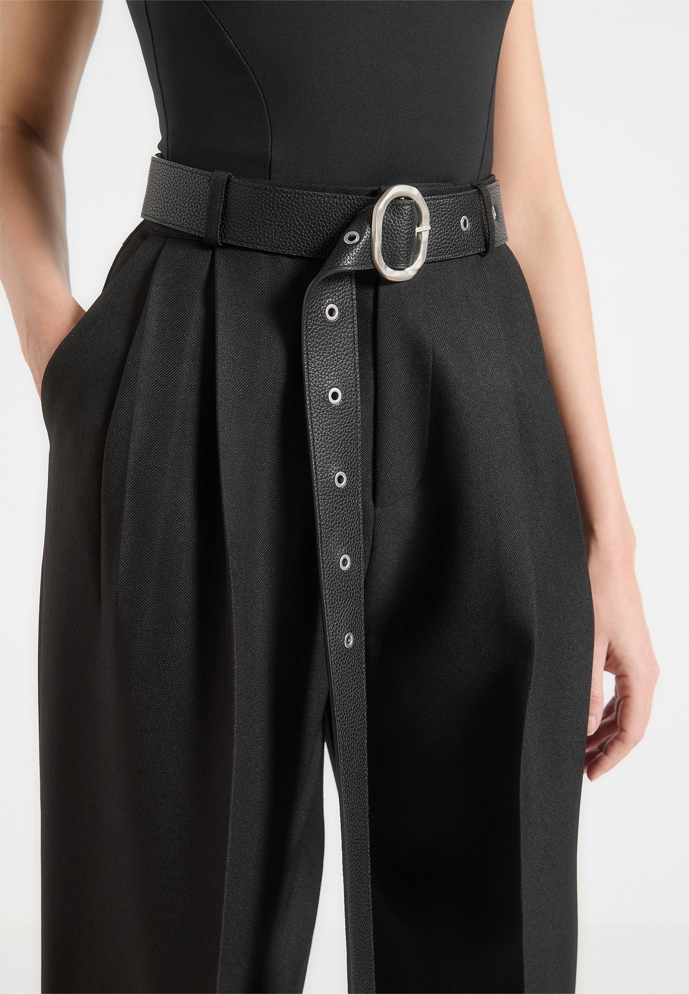 Tailored Trousers with Oversized Belt and Ankle Ties - Black