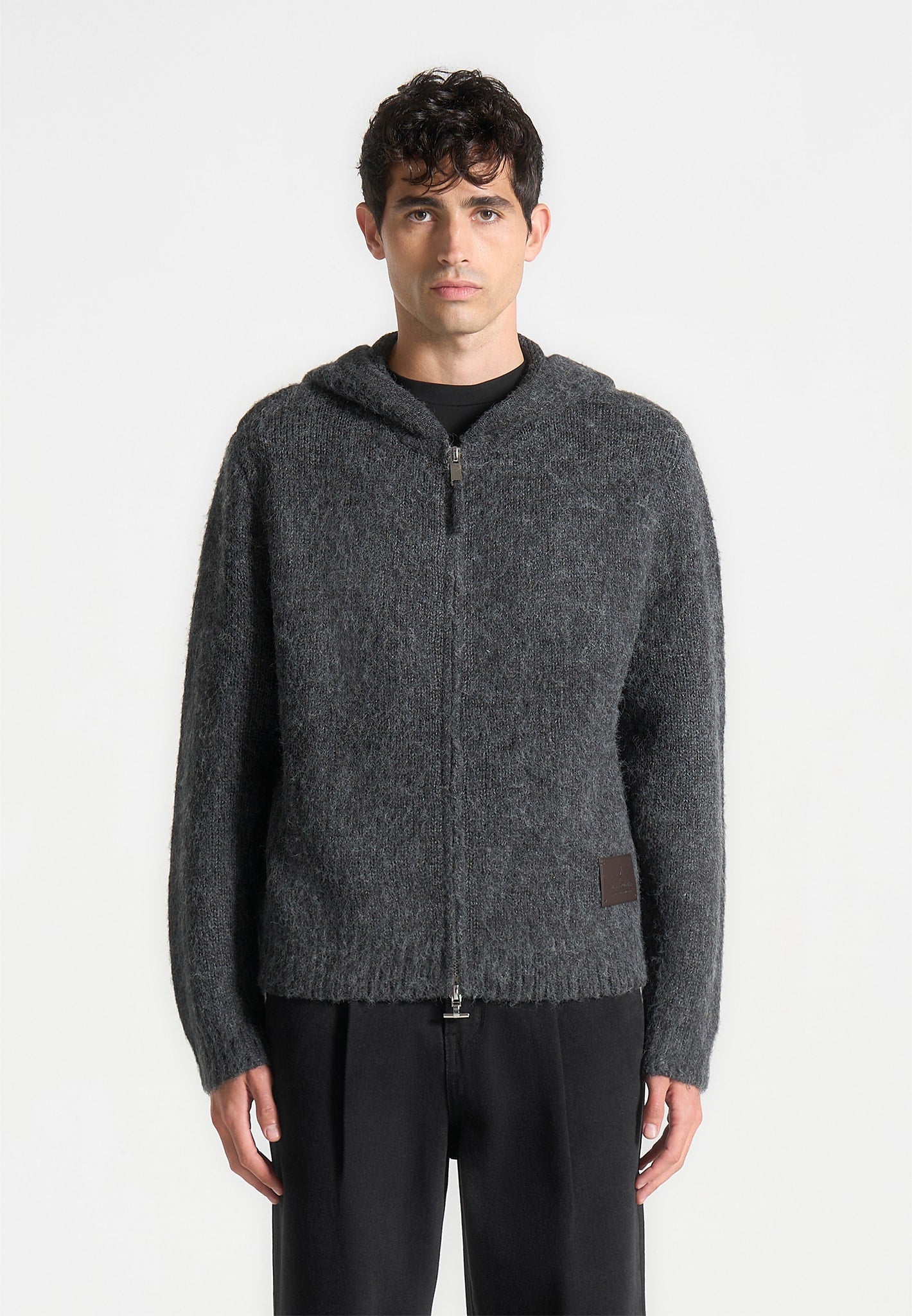 Mohair-Blend Zip Through Hoodie - Charcoal Grey