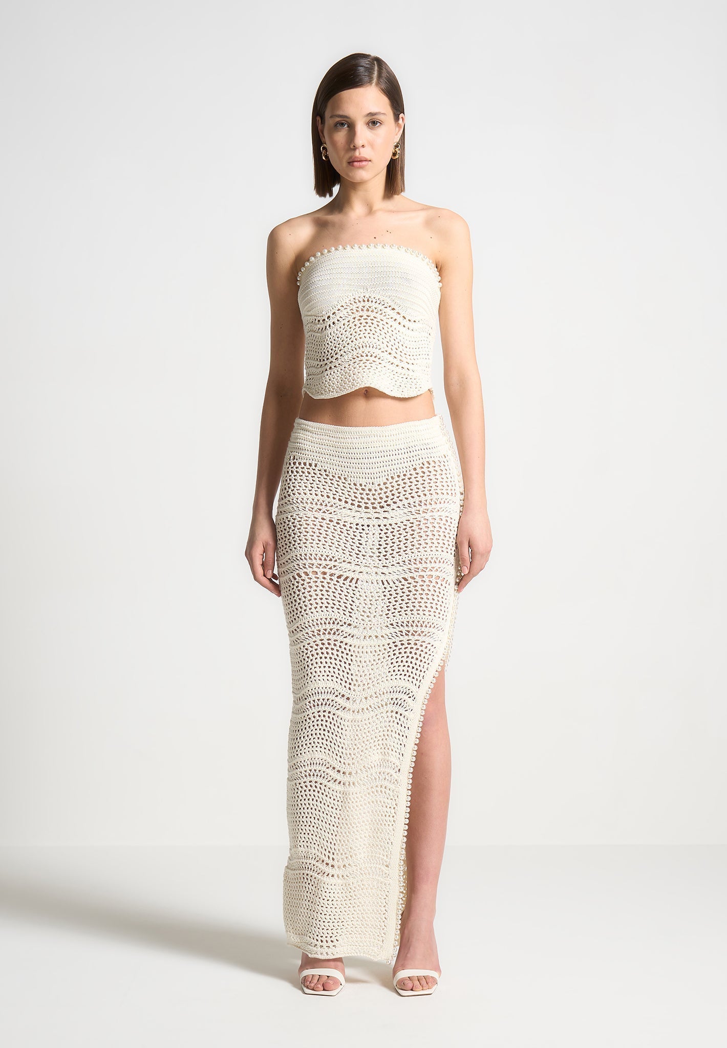 Pearl Applique Crochet Maxi Skirt - Cream