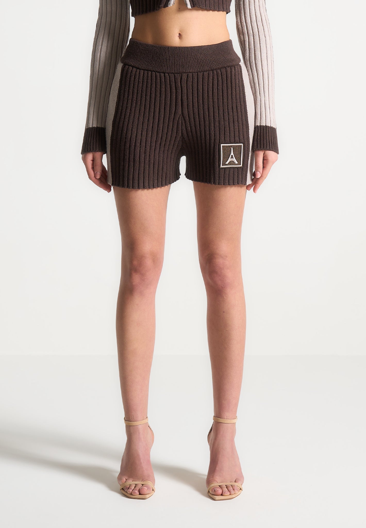 Rib Knit Track Shorts - Brown/Beige